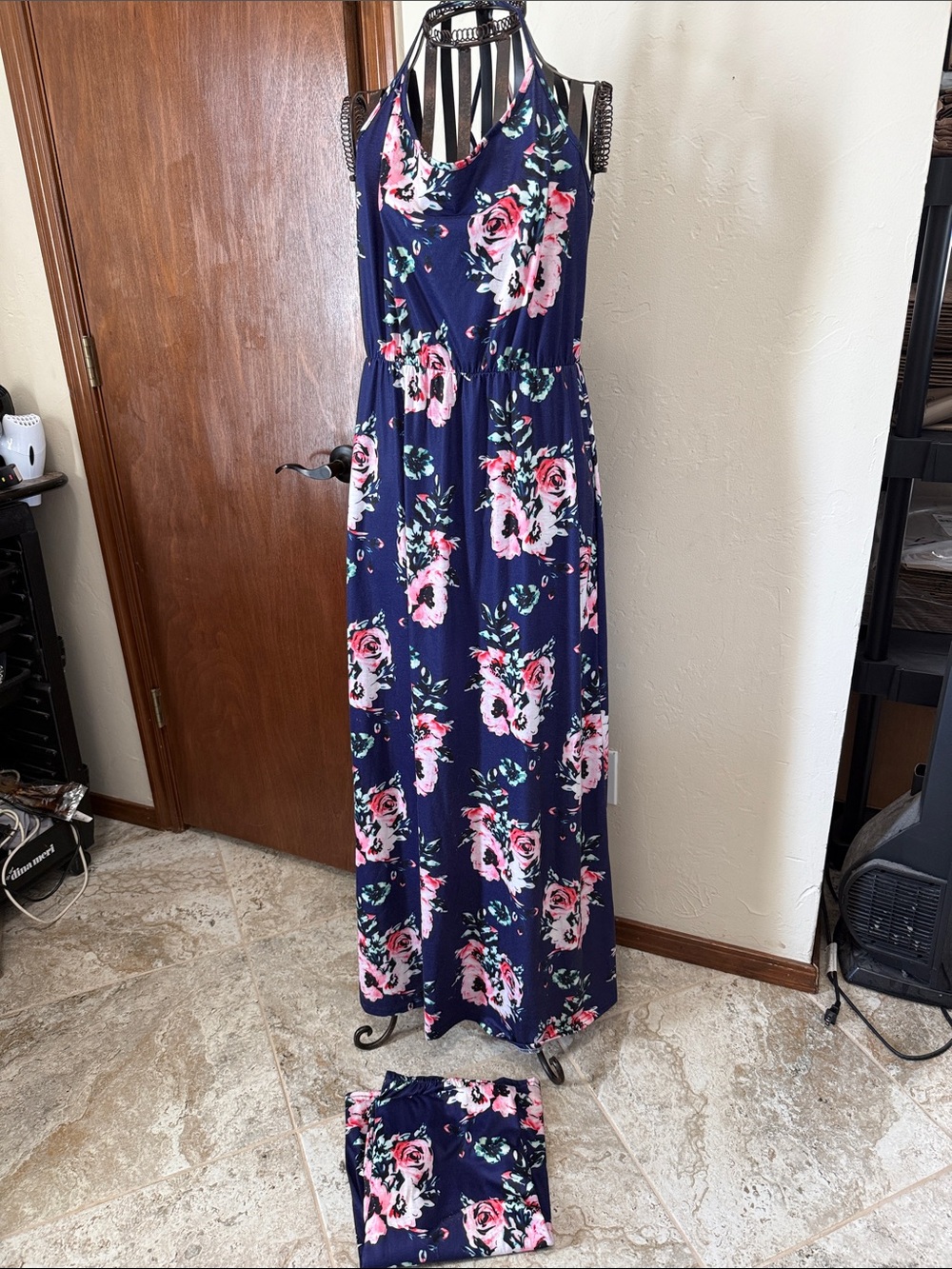 2 matching Navy Floral Halter Maxi Dress with Pink Roses